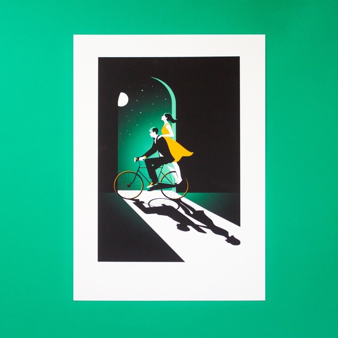 bike, night, illustration, stars, green