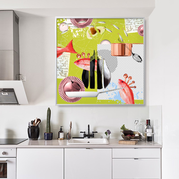 Collage in interior kitchen white walls