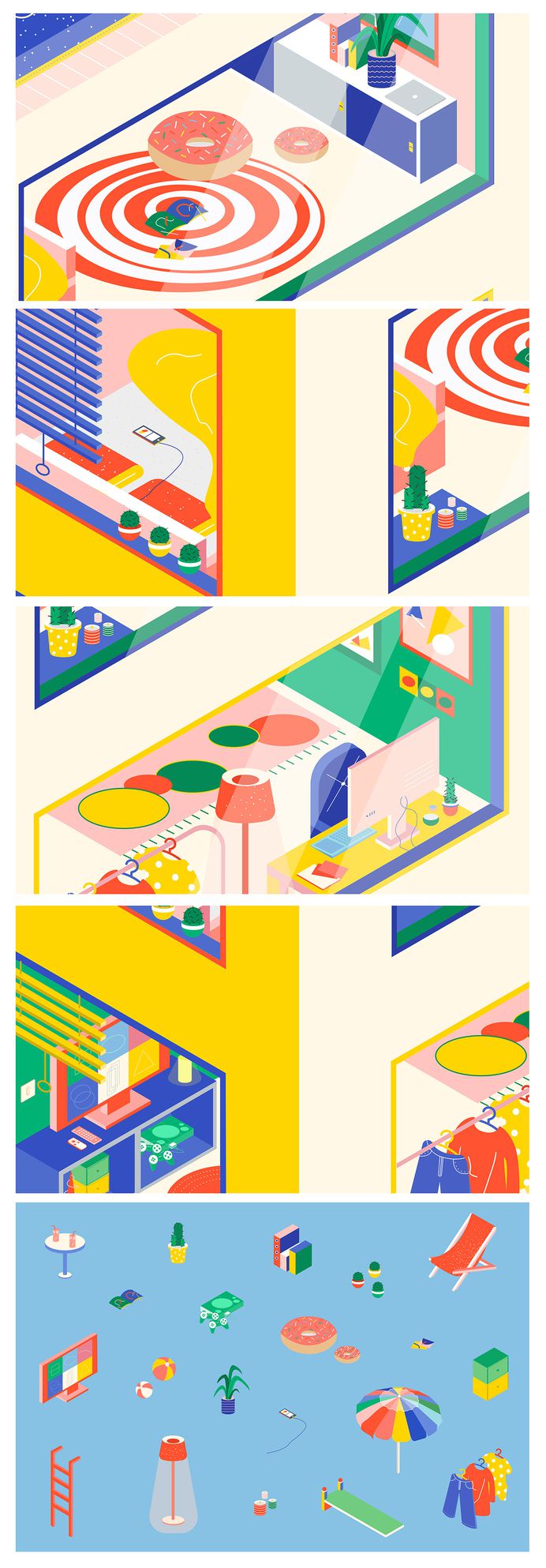 Isometric Illustrative House is a personal illustration project by Angela Chan depicting a brightly-coloured building and interiors. For more of the most beautiful designs visit mindsparklemag.com