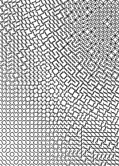 Mathematica code:Tile[k_, rx_, ry_, x_, y_, r_] := Table[Translate[ Rotate[{AbsoluteThickness[k], Circle[{i, i}, {rx, ry}, {i*Pi #pattern