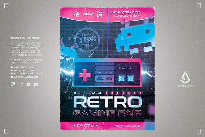 Video Games Flyer 80s Retro Gaming Poster Template
