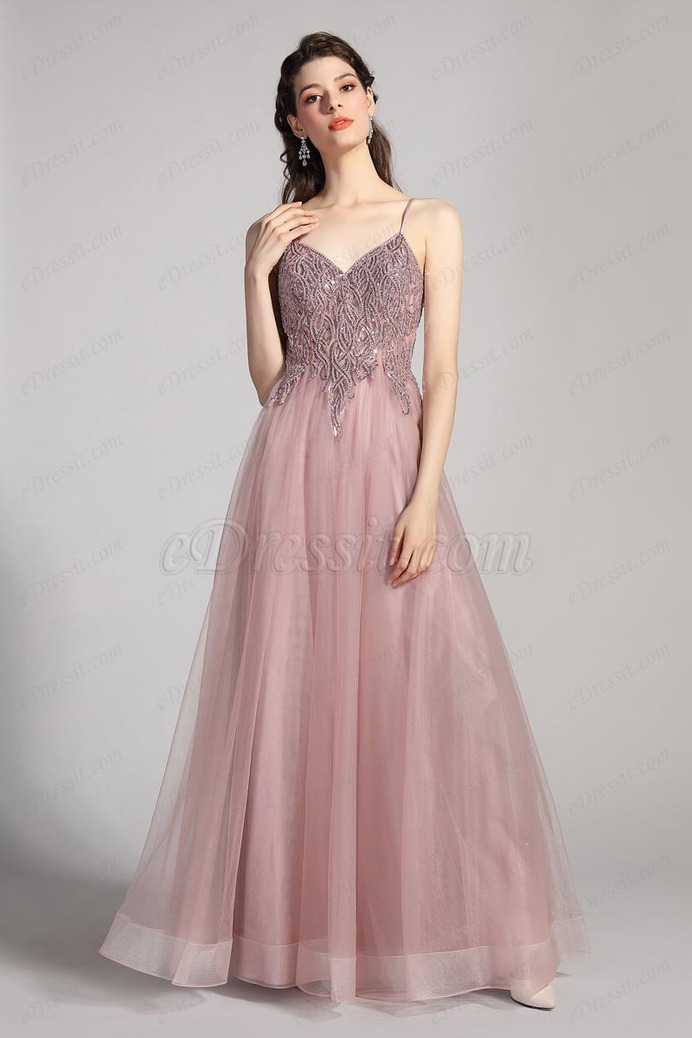 eDressit V-Cut Spaghetti Beaded Tulle long Evening Dress (00208946)
