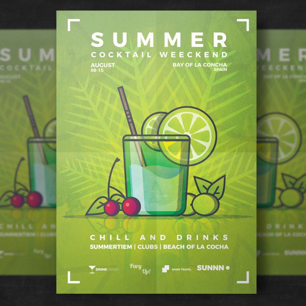 Summer drink flyer template Free Psd. See more inspiration related to Brochure, Flyer, Poster, Mockup, Business, Vintage, Party, Travel, Summer, Template, Beach, Sea, Brochure template, Sun, Leaflet, Tropical, Holiday, Flyer template, Stationery, Mock up, Poster template, Glass, Drink, Cocktail, Booklet, Drinks, Palm, Vacation and Mock on Freepik.