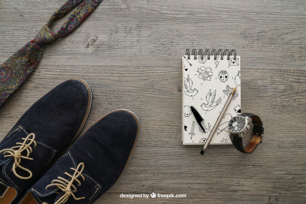 Notepad with shoes and tie Free Psd. See more inspiration related to Mockup, Paper, Clock, Doodle, Pencil, Pen, Shoes, Mock up, Watch, Tie, Notes, Notepad, Up, Male, Note paper, Objects, Things, Composition, Mock and Masculine on Freepik.