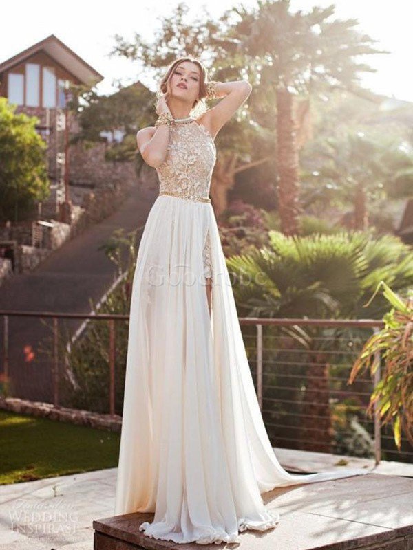 Robe de mariée naturel manche nulle avec chiffon a-ligne dénudé