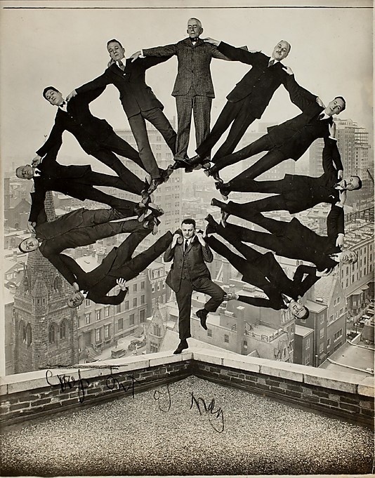 [Man on Rooftop with Eleven Men in Formation on His Shoulders] Unknown, American Date: ca. 1930 ... Carol Morris ART 214.01: MUST SEE! at th #white #and #photo #linked #black #photography #balance #manipulation #vintage #men