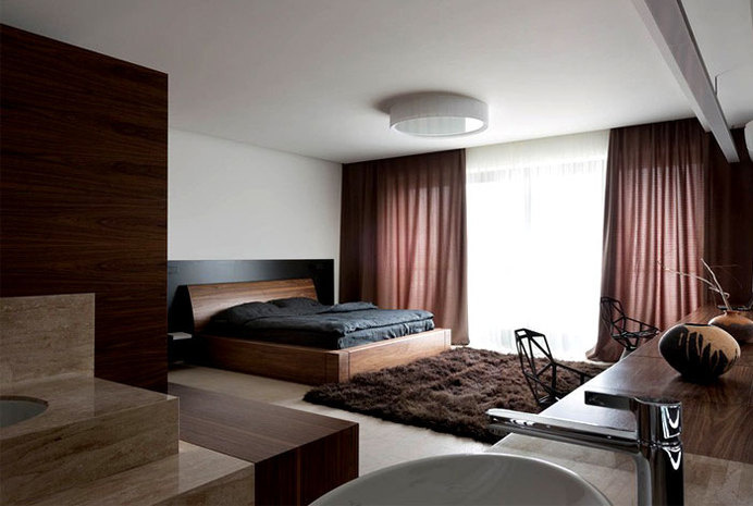 Trendy Functional and Contemporary Home dark draperies soft rugs bedroom #bed #bedroom #design #decorating