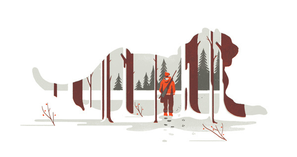 Hunting with dog in the winter. illustrations for the magazine "Transfuge" by Tom Haugomat #transfuge #winter #illustrations #tom #hunting #haugomat #editorial #magazine #dog