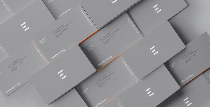United Solar Energy branding grey orange logo logotype use print stationery mindsparkle mag