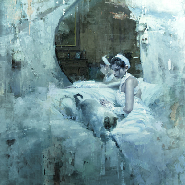"The Forgotten (Version One Abandon)" 48 x 48 in. Oil on Panel 2012 #dress #white #woman #painting