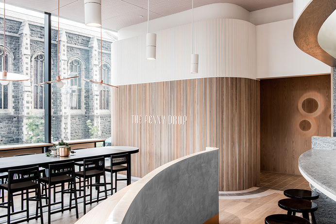 the penny drop cafe by pop and pac melbourne australia beautiful interior design branding logotype copper wood graphic modern coffee inspira