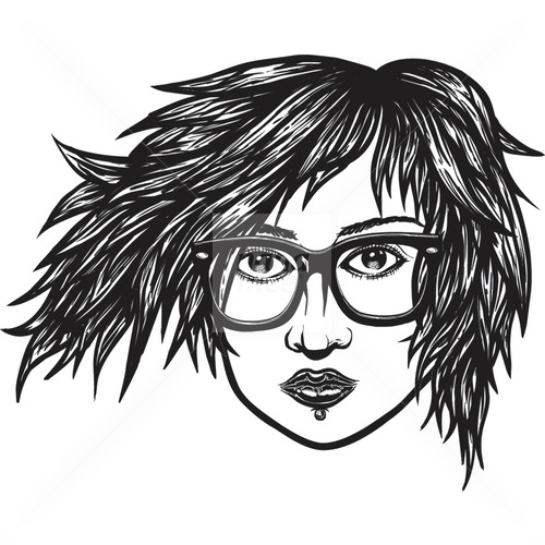Messy Hair #glasses #vector #white #girl #hipster #head #black #hair #stock #illustration #and #fashion #sketch