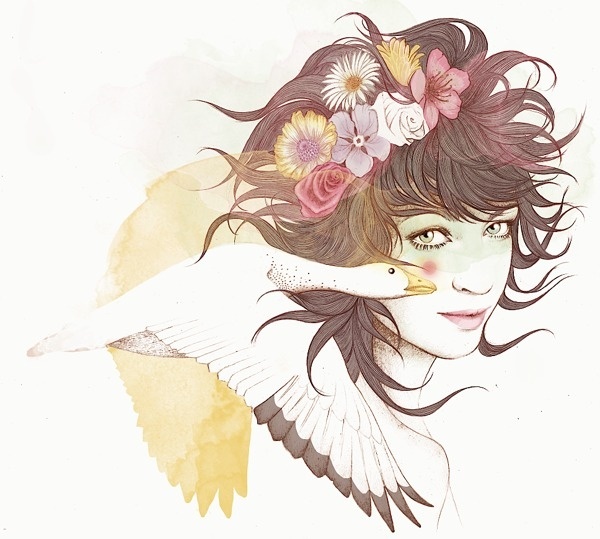 Multimedia illustration of girl hand drawn/watercolored and then digitalize #ink #water #girl #debellard #bird #illustration #colors #drawn #mercedes #pen #and #hand #flowers