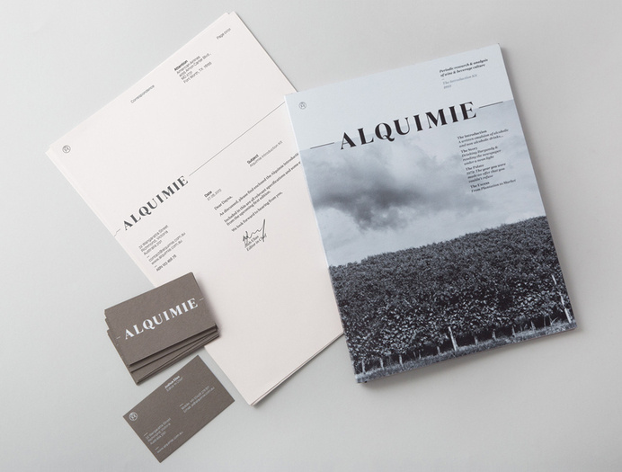 Logotype, print and white ink, warm grey business card designed by ThoughtAssembly for quarterly beverage magazine Alquimie #ss