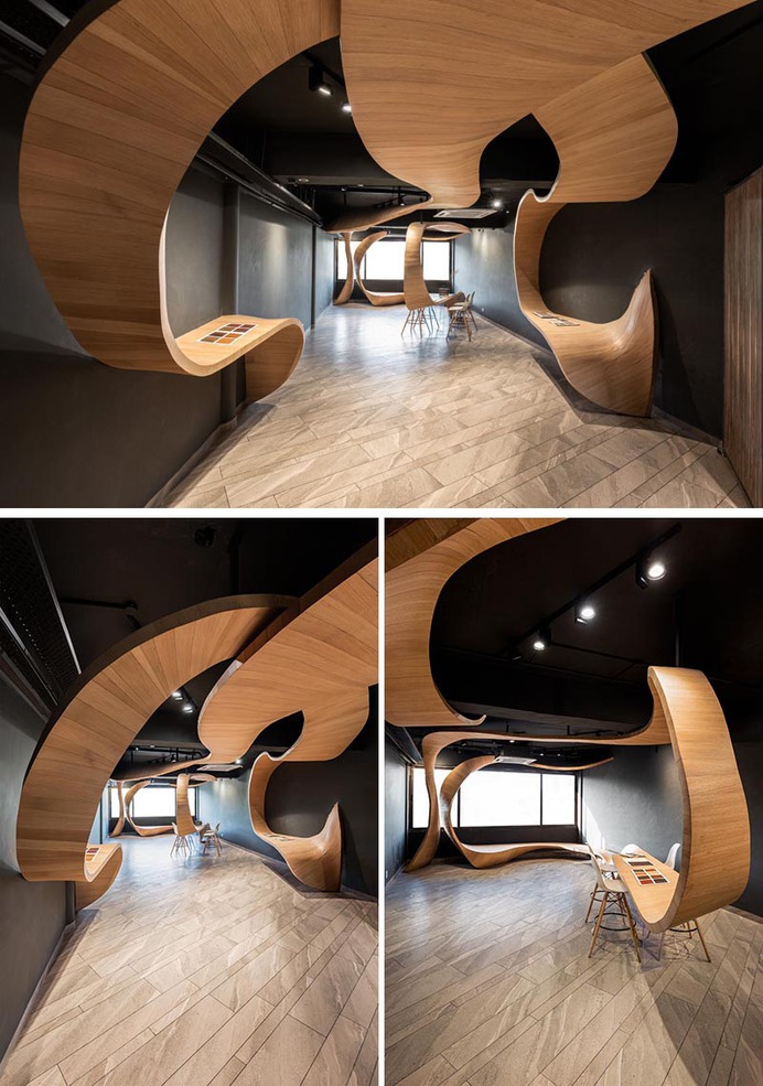 This Sculptural Wood Element Draws Inspiration From The Flowing Curves Of A Ribbon