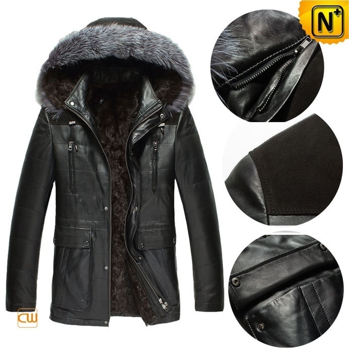 Mens Black Hooded Sheepskin Leather Coat CW868866 #sheepskin #mens #coat
