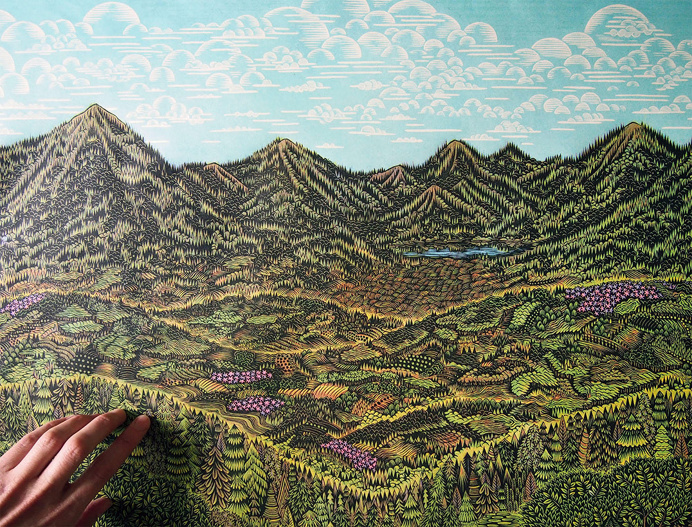 landscape, trees, green, mountain, woodcut, tugboat printshop, printshop