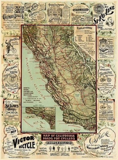 Vintage map of California roads for Cyclers by AncientShades #prints #retro #map #oldmap #vintage #california