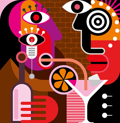 A man and a woman are having a talk at the bar - abstract vector artwork. A woman is drinking a pink cocktail through a straw. #abstract #vector #couple #drink #retro #cafe #illustration #bar #vintage #art #man #party
