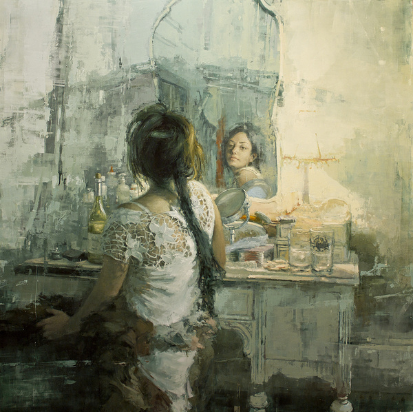 "The White Vanity" 48 x 48 in. Oil on Panel 2012 #white #girl #image #mirror #braid #painting