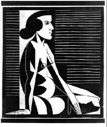 M. C. Escher, Seated Female Nude #woodcut #white #woman #black #escher #portrait #1920s #and