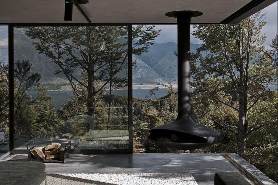Mountain Retreat Heavily Rendered Stone #fireplaces #interiors #architecture #landscapes #houses #trees #green