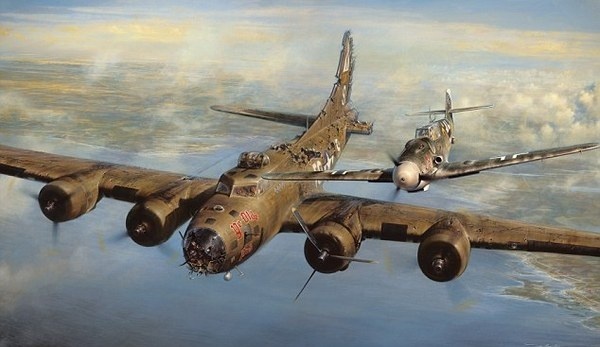 History: John D Shaw's painting A Higher Call which shows Franz Stigler and Charlie Brown in flight #lancaster #war #aeroplane #illustration #plane #bomber