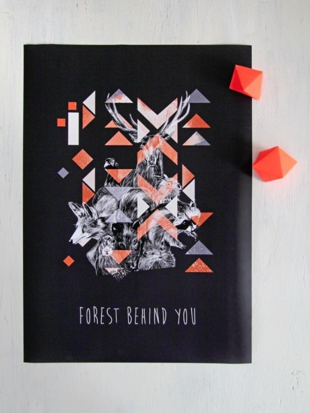 forest behind you poster #deer #pattern #fox #realistic #illustration #animals #aztec #rabbit