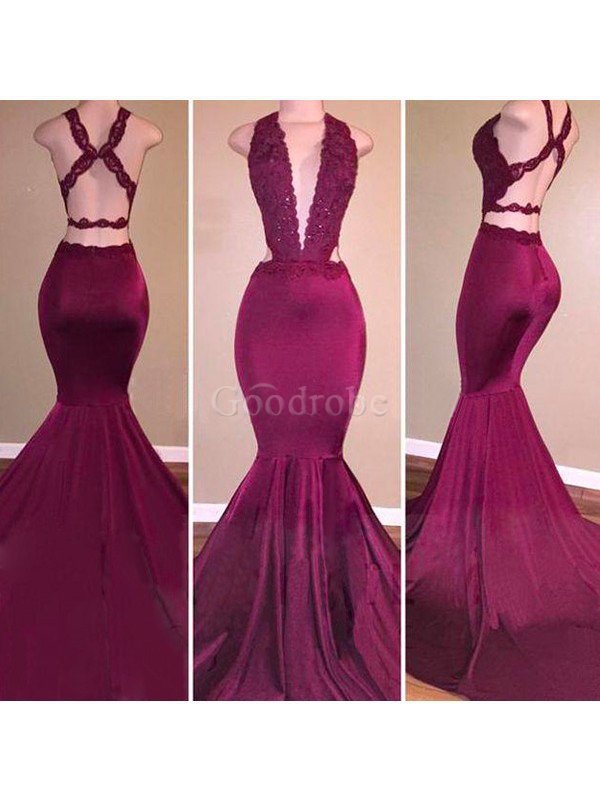 Robe de soirée en satin avec sans manches de sirène appliques v encolure