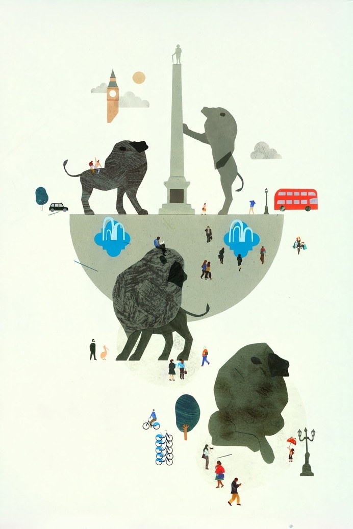 Veronique Joffre, colagene.com The Colossus selected for 2014 Serco Prize for Illustration and exhibited at the London Transport Museum #london #city #lion #paper #illustration #animal #jungle #england