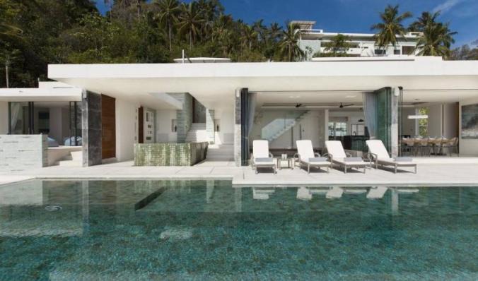 Occupying a dramatic cliff side location overlooking Koh Samui's picturesque port town of Nathon, this Luxury Villa with Private Pool affords guests some of the most spectacular coastal views in Thailand, National Marine Park, the Five Islands and set the stage for memorable, crimson sunsets! Book Now with Villa Getaways!