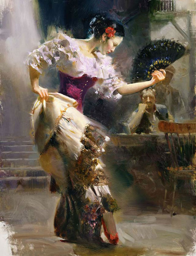 pino daeni paintings #passion #spain #dance #flamenco #spanish #illustration #painting #oil #fan #beauty