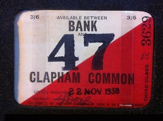 All sizes | Bank to Clapham common, bus ticket, London 1938 | Flickr - Photo Sharing! #train #stamp #1930 #london #class #third #ticket #numbers #diagonal #typography