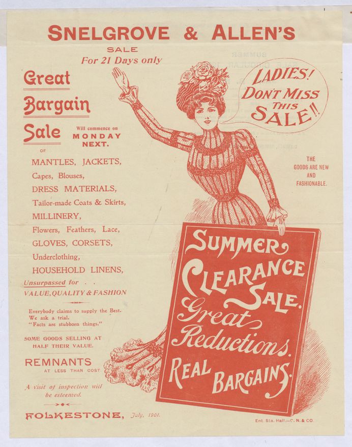 Advert for a clothing sale at Snelgrove and Allen, which lists the types of clothes on sale, 1901 (COPY 1/180 f.204)
