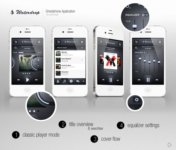 WaterDrop Player App Sold by *Andasolo on deviantART http://browse.deviantart.com/?order=9&q=iphone+app&offset=24#/d4xn7rd #inspiration