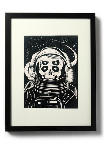 ASTRONAUT,-,Original,relief.,Hand,Printed,Linocut, Rocco Malatesta, Illustrator, Poster, Movie Poster, fine art print, archival ink, archiva #alien #ink #skeleton #white #astronaut #print #horror #fi #sci #space #black #illustration #poster #and #skull