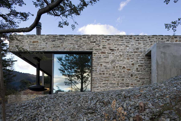 Mountain Retreat Heavily Rendered Stone #fireplaces #interiors #architecture #landscapes #houses #trees #green