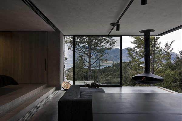 Mountain Retreat Heavily Rendered Stone #fireplaces #interiors #architecture #landscapes #houses #trees #green