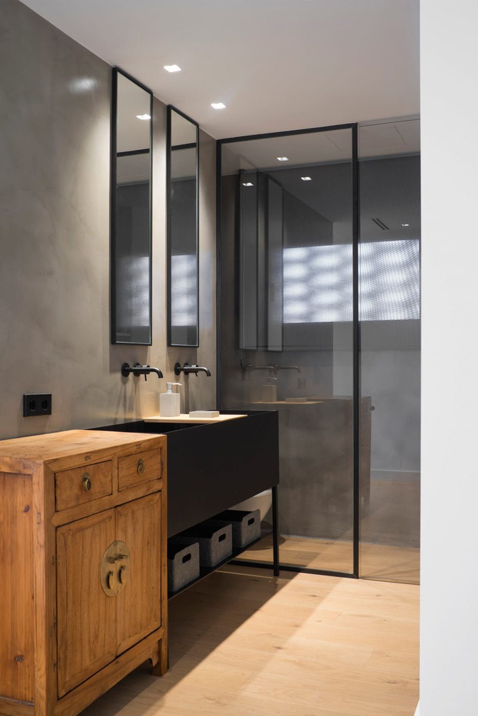 Modern Black Bathroom mix-match with old wood storage cabinet