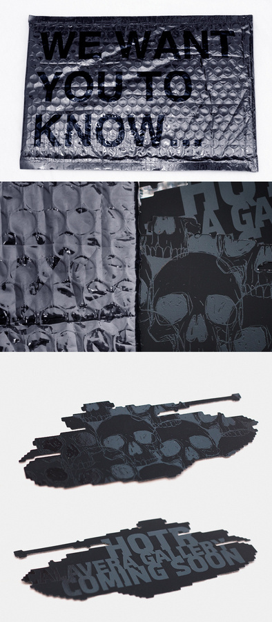 Announcement package for a gallery/boutique opening. Circa 2008 #matte #varnish #packaging #oscar #tank #black #skull #mar