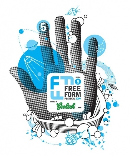Free Form Festival t-shirt on the Behance Network #halftone #form #festival #free #space #spaceship #five #music #blue #hand