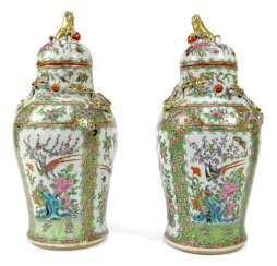 Pair of cover vases made of porcelain with birds and flowers in cartouches, dragon and lion knob #Sets #Teasets #Porcelainsets #Antiqueplates #Plates #Wallplates #Figures #Porcelainfigurines #porcelain