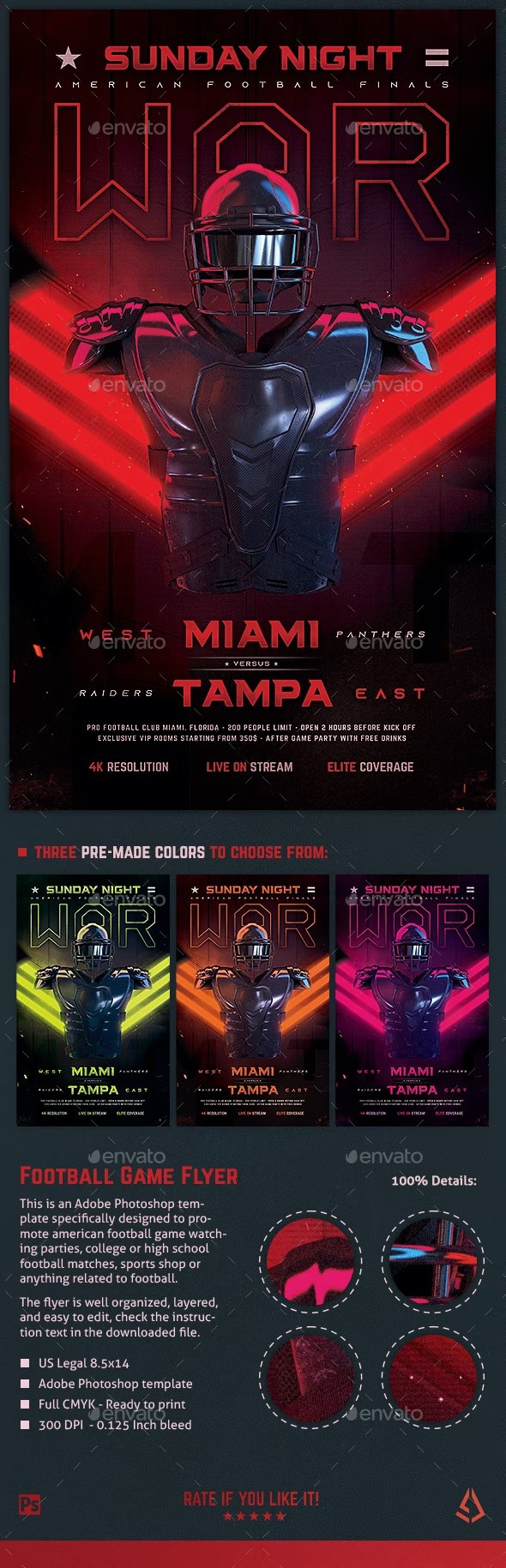DOWNLOAD:
https://graphicriver.net/item/american-football-flyer-v15-football-match-template/29750964

This is an 8×14 american football flyer template specifically designed to promote football game watching parties, american football games and matches, NFL watching parties and sports bars and clubs, super bowl parties, college football games and anything related to the sport of american football.
