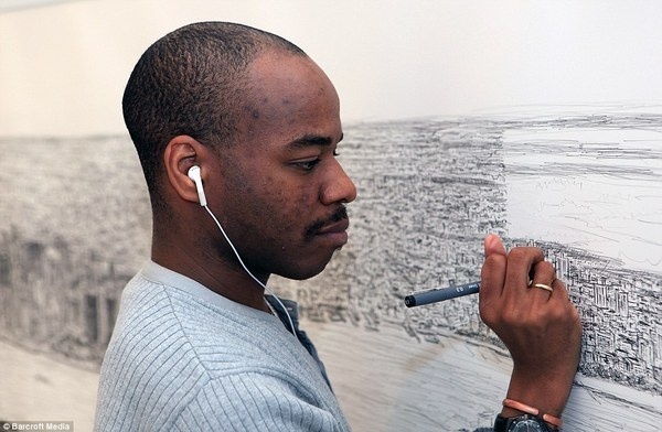 Stephen listens to his iPod as he draws the famous skyline. He draws on music from the 70s to the 90s, including blues, soul, funk, Motown, #memory #wiltshire #autistic #york #stephen #skyline #new