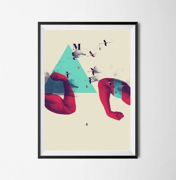 M u S c L e / / 0 3 Is a personal collage composition, mixing static and no static elements, as human arms, birds and geometric shapes, wo