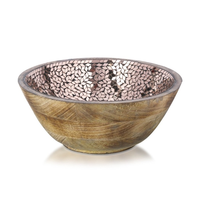 Bowl Mosaic Wood And Glass, Natural And Copper 25cm x 11cm
