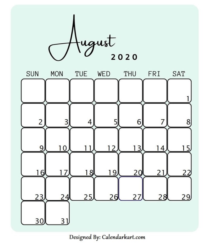 August 2020 Calendar Mint Cute Template
