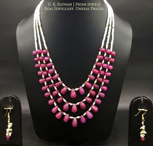 Three-row Necklace with ruby drops and hyderabadi pearls - gold diamond polki kundan meena jadau jewellery