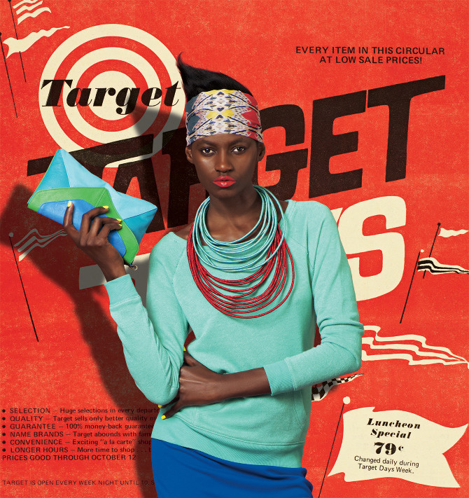 Target, circular, weekly, promo, red, reddish orange, orange, model, hair, hairstyle, hairdo, vintage, photography, print