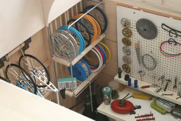 TinyGarage Interior overhead.jpg #wheels #workshop #bike #art #miniature